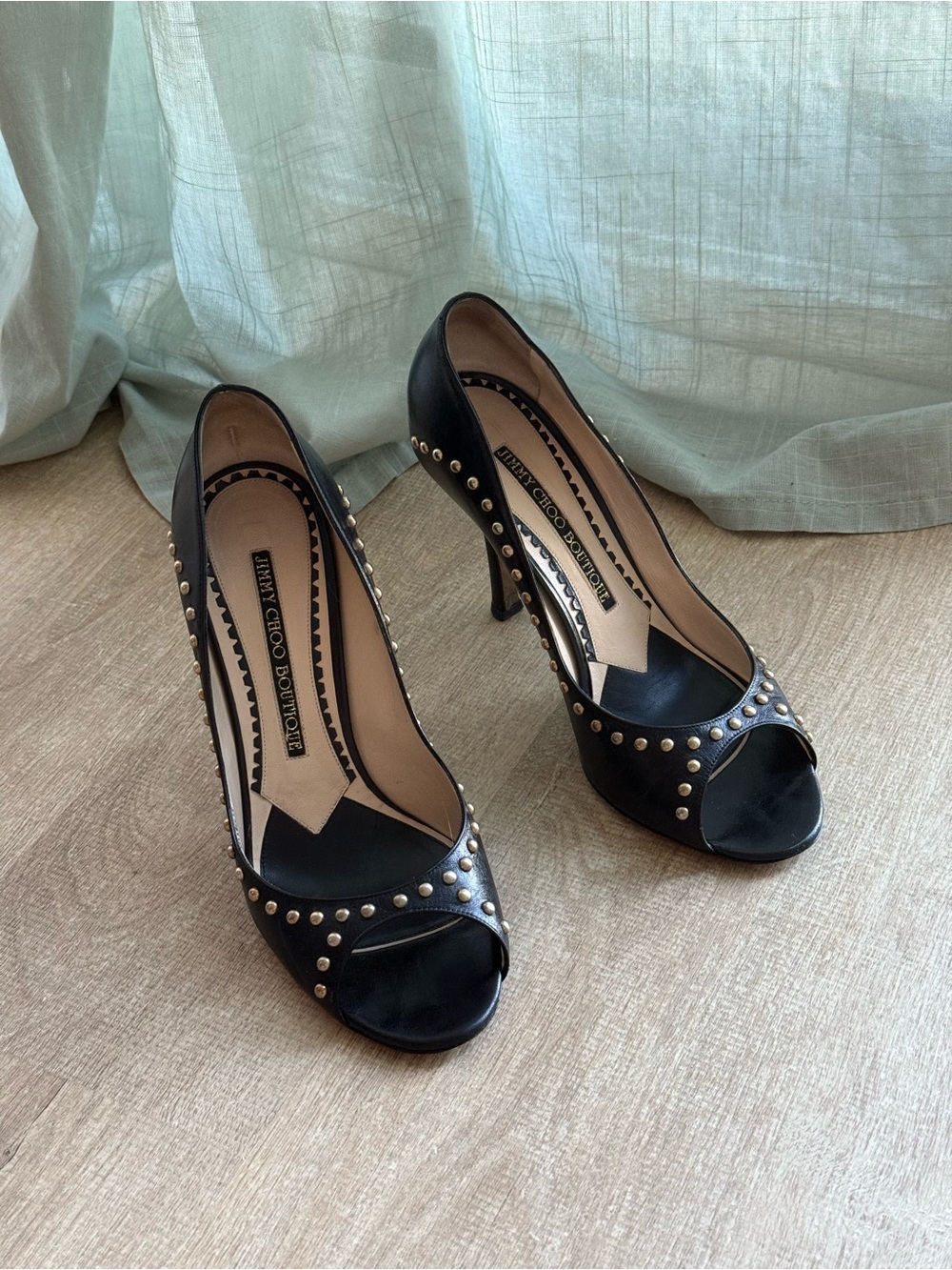 Jimmy Choo Black Peep-Toe Studded Stiletto Heels